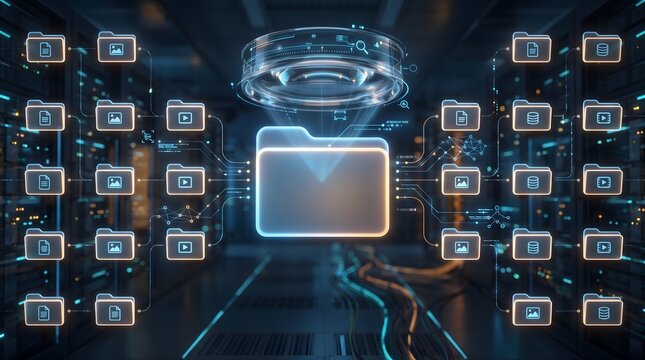 Digital asset management system showing glowing holographic folders and media archiving network in modern data center