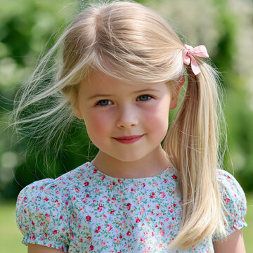 Happy child with blonde hair and blue eyes, smiling confidently in an outdoor setting, symbolizing youth, beauty, and happiness