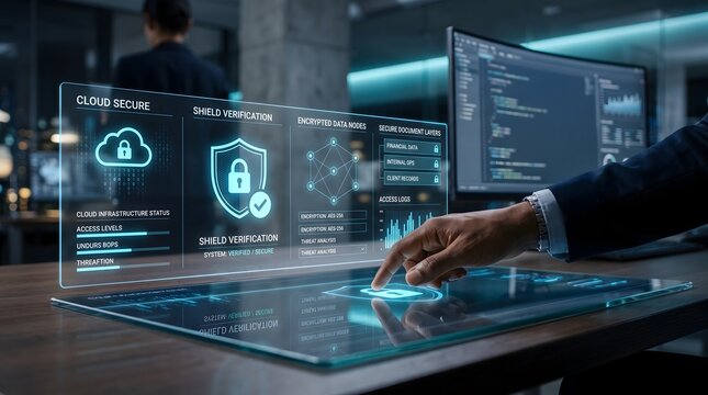 Cybersecurity administrator analyzing encrypted cloud data network and zero trust protection system on futuristic transparent screen