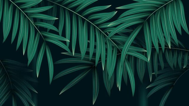 Tropical Palm Leaves Swaying in the Wind on Dark Background. Animated Green Palm Branches Swaying Softly in Wind Loop