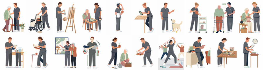 Obraz premium Collection of Nursing Home Staff and Caregivers Assisting Elderly Residents with Daily Activities Medical Tasks and Social Interaction in Vector Style