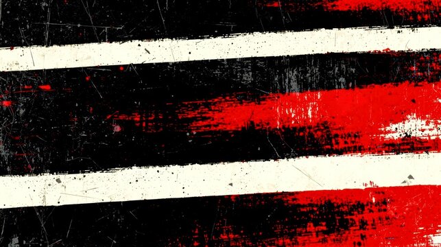 Bold stripes of red, white, and black dominate the frame