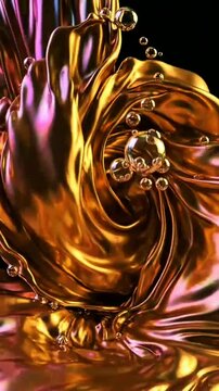 Luxurious swirling metallic liquid&mdash;iridescent gold, rose‑gold & rainbow hues&mdash;forms elegant waves; glossy reflective surfaces with floating crystal‑clear spheres against deep black background.