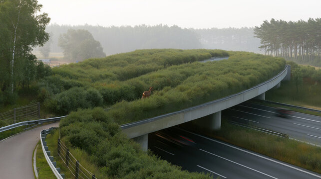 Deer on green highway overpass with traffic