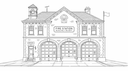 Fototapeta premium Vintage style fire station building line art illustration for coloring