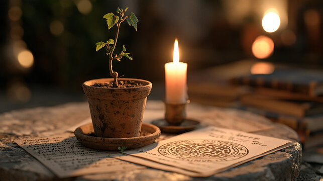 A single grapevine cutting in an aged clay pot sits on a candlelit stone surface surrounded by handwritten vineyard rotation notes and a circular soil amendment diagram, the still