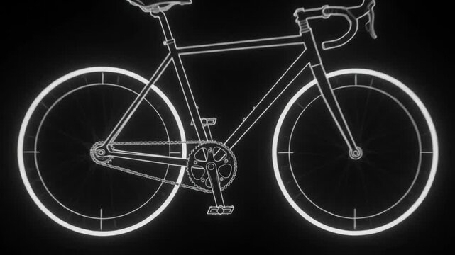 Minimalist neon bicycle outline animation: glowing white line cycle on black background, loop bike