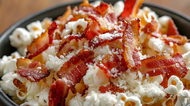 selective focus close-up popcorn drizzled with melted butter bacon pieces and grated parmesan cheese