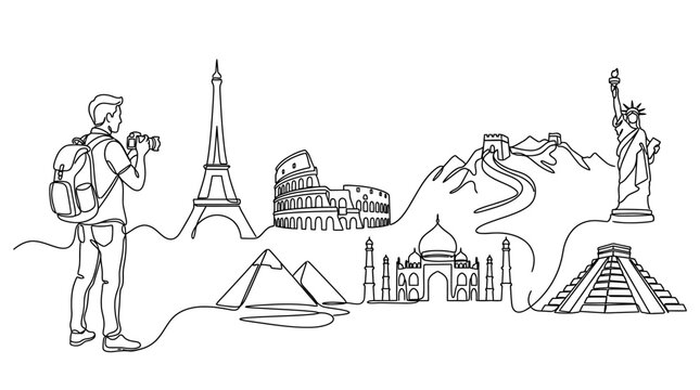 A continuous line drawing of a traveler exploring world famous landmarks.