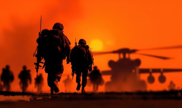 Silhouetted soldiers walking towards a helicopter during sunset, with an orange sky and multiple figures in the background creating a dramatic military scene