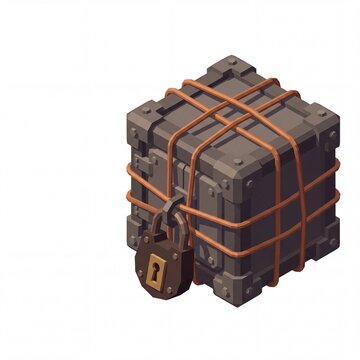 isometric heavy iron strongbox wrapped in thick copper wire and locked with a giant padlock scene isometric