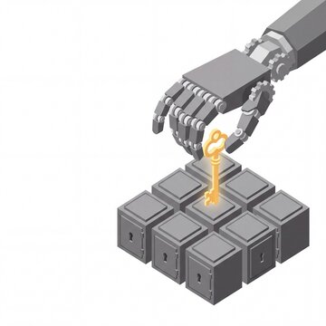 isometric mechanical hand holding a glowing golden key over a cluster of steel lockboxes flat lay isometric