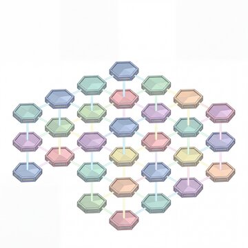 isometric network of floating metallic hexagons connected by glowing light beams isolated object isometric