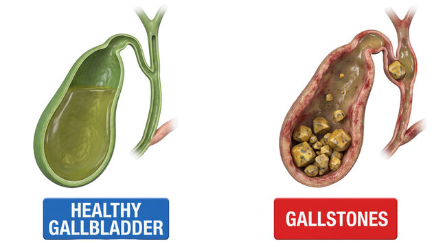 3D render comparison of healthy gallbladder and gallbladder with gallstones medical infographic illustration