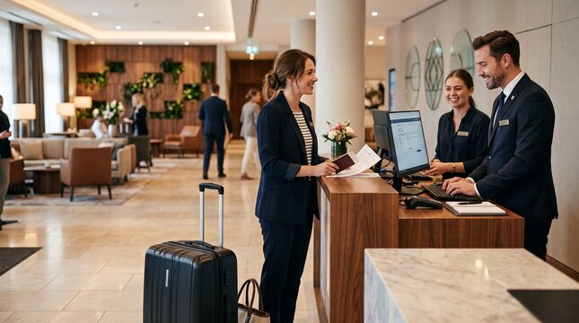 Hotel Reception Desk with Staff Assisting Guests and Luggage