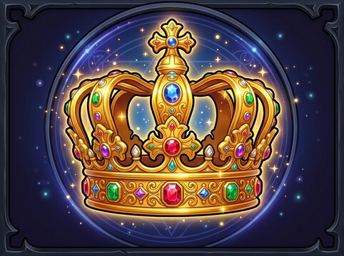 ​Golden King Crown Icon with Jewels, Royal Fantasy Game Asset, VIP Leaderboard Badge Illustration