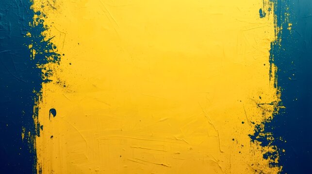 Bold yellow and deep blue paint streaks frame a textured canvas