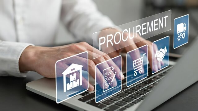 Person typing on a laptop with a digital procurement interface showing warehouse, checklist, shopping cart, and handshake in an office