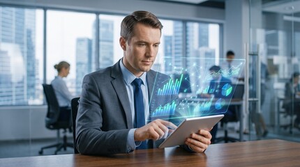 Fototapeta premium Businessman analyzing futuristic holographic financial data on tablet in modern office