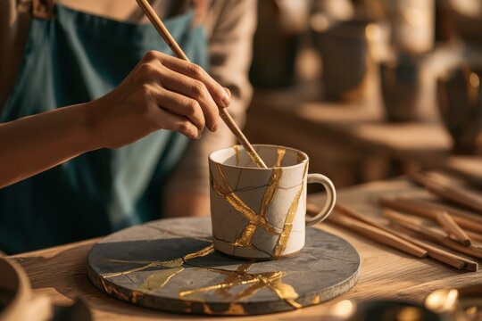 An artisan uses a brush to apply gold lacquer to repair a broken ceramic mug. Perfect for traditional craft and mindfulness concepts.