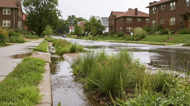 Rainwater flows through landscaped ditch in residential neighborhood