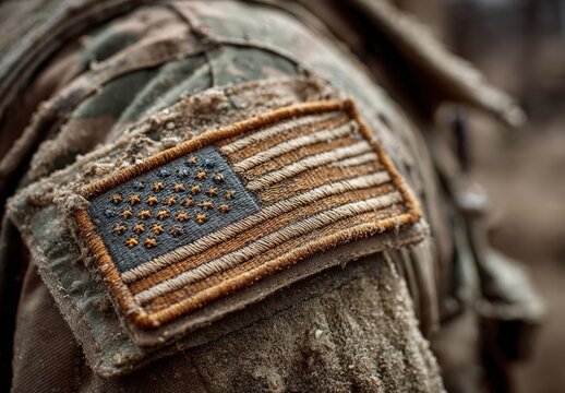 Military uniform with American flag patch displayed prominently on shoulder, showcasing detailed embroidery and worn fabric texture in a rugged outdoor environment