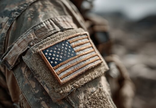 Military uniform patch displaying American flag on soldier's arm, showcasing detailed fabric texture and stitching in an outdoor environment