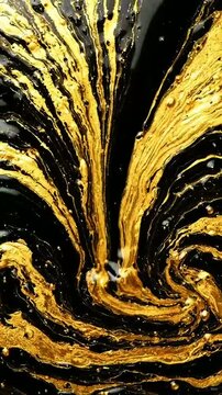 Luxurious swirling fluid art design&mdash;deep black base flows elegantly with rich metallic gold veins, shimmering streaks, bubbles & glossy marble‑like texture, sophisticated premium abstract background.