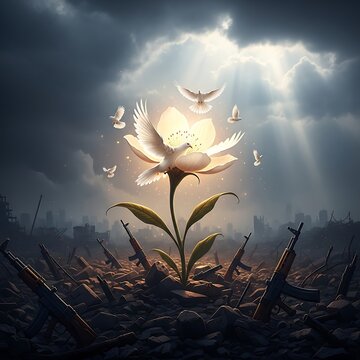 Glowing White Flower Rising Among Rifles and Doves in War Torn City Ruins