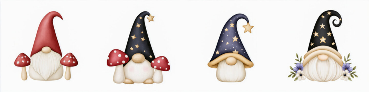 Cute gnome with mushroom and star hat, whimsical fantasy character with beard and floral decoration, charming magical illustration