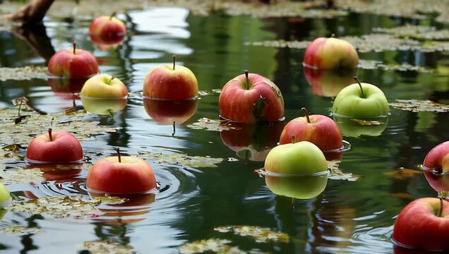 Authentic rustic 4K b-roll showing fresh red and green apples floating and bobbing casually in algae-tinted orchard water evoking a classic autumn harvest and cider-making atmosphere