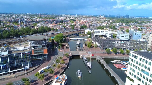 Amsterdam Harbour Canal Boats Aerial Drone 4K