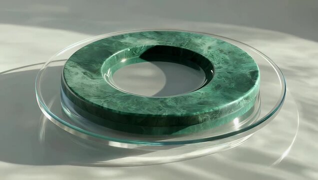 Sleek 4K 3D graphic asset presenting a sage green terrazzo product display stage accompanied by glass geometry and looping shadow animation tailored for luxury cosmetics packaging and