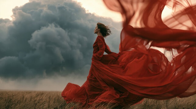 Elegant woman standing in gold wheat field wearing magnificent flowing red gown dress blowing in dramatic storm wind under dark clouds for high fashion concept