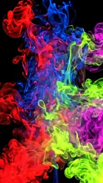 Vibrant swirling smoke‑like ink plumes&mdash;vivid red, deep blue, fresh green & rich purple&mdash;blend and flow gracefully upward against pure black background in striking rainbow‑hued abstract motion.