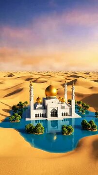Modern elegant building with polished marble walls and gleaming golden dome, surrounded by lush rounded green trees, clear blue water, soft‑pastel sky&mdash;calm luxurious Islamic design.