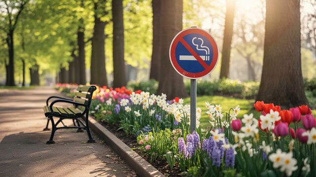 No smoking sign in a public park with a wooden bench and colorful spring flowers including tulips and daffodils under warm sunlight rays