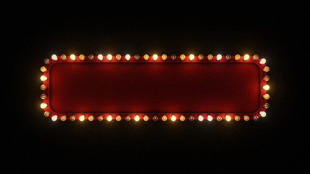 Rectangular marquee sign with glowing incandescent light bulbs arranged in a border on a dark black background, for theater or, cinema display