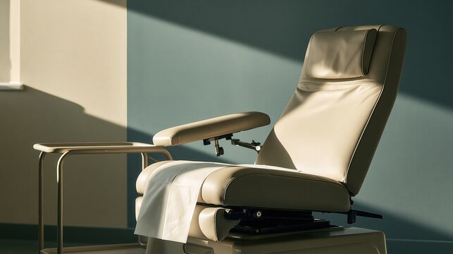 Low angle of a padded phlebotomy chair with its swing arm resting in calm clinical daylight with copy space