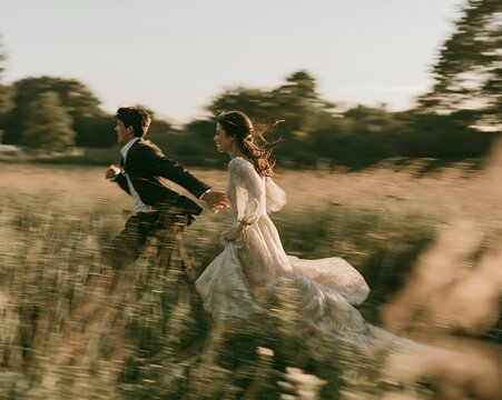 Bride and groom running through sunlit meadow laughing during outdoor wedding, with wedding, bride, groom, running detail, showing laughing, meadow, field, sunlight context