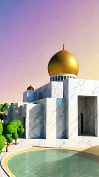 Modern elegant building with polished marble walls and gleaming golden dome, surrounded by lush rounded green trees, clear blue water, soft‑pastel sky&mdash;calm luxurious Islamic design.