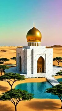 Modern elegant building with polished marble walls and gleaming golden dome, surrounded by lush rounded green trees, clear blue water, soft‑pastel sky&mdash;calm luxurious Islamic design.