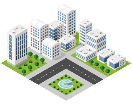 Isometric city landscape showing urban infrastructure and buildings