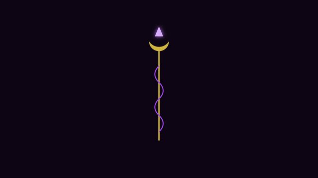 Minimalist rod of asclepius symbol animation, medical healthcare abstract gold and purple healthcare sign on 4k black background
