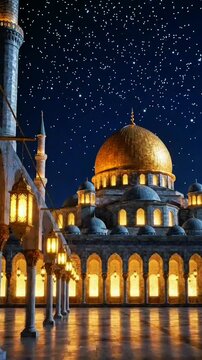 Grand golden‑domed building rises along lantern‑lit paved street; glowing windows, deep starry sky, warm peaceful night atmosphere, elegant Islamic architecture & timeless festive charm.