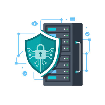Flat vector concept illustration of a digital shield protecting a server rack, representing cybersecurity, data protection, and IT security services.