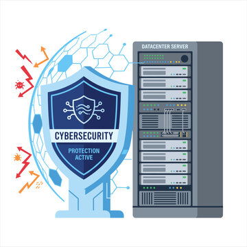 Flat vector concept illustration of a digital shield protecting a server rack, representing cybersecurity, data protection, and IT security services.
