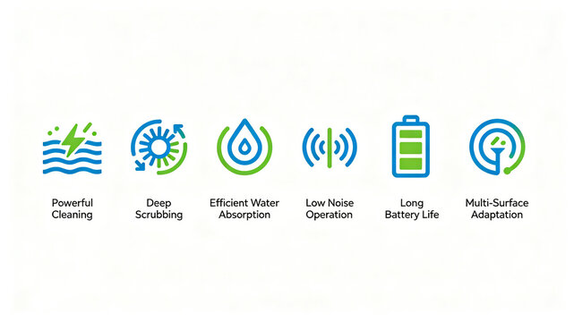 Line wind sweeping equipment function icon, strong cleaning, strong water absorption, long battery life, suitable for floor washing machine product pages and platform selling points sections.
