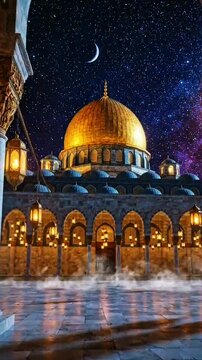 Grand golden‑domed building rises along lantern‑lit paved street; glowing windows, deep starry sky, warm peaceful night atmosphere, elegant Islamic architecture & timeless festive charm.