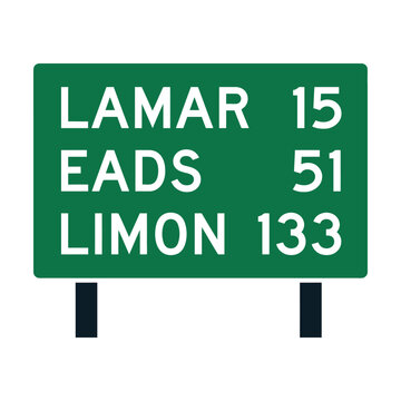 Green road sign showing distance to lamar eads and limon with white text on a highway Vector